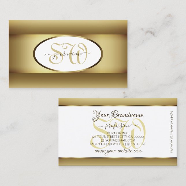 White Brown Ombre Initials Dark Gold Decor Frame Business Card (Front/Back)