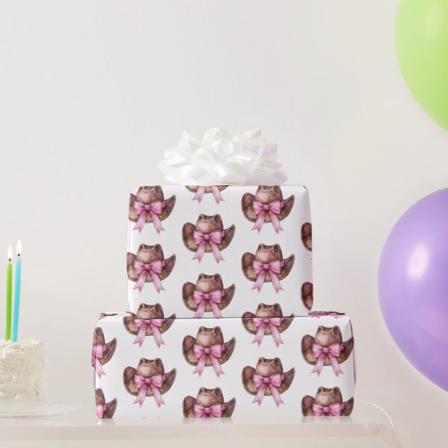 White Brown Pink Bow Cowgirl Hats Birthday Wrapping Paper (Party Gifts)