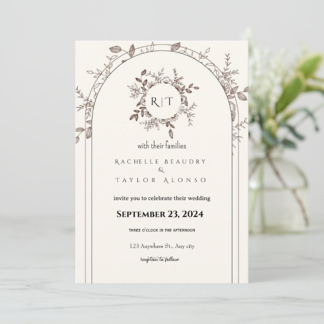 White Brown Rustic Floral Free Wedding Invitation (Standing Front)