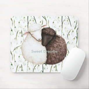 White Brown Sheep Flowers  Mouse Pad