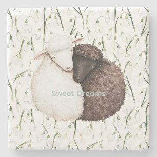 White Brown Sheep Flowers  Stone Coaster