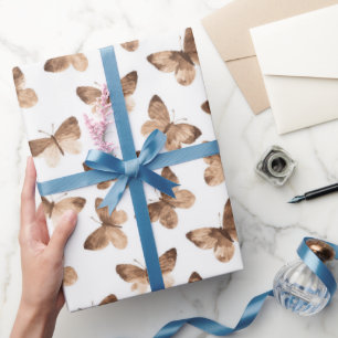 White Brown Spring Butterflies Birthday Wrapping Paper