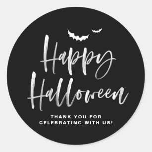 White Brush Lettering Happy Halloween   Thank You Classic Round Sticker