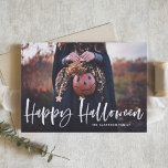 White Brush Lettering Overlay Happy Halloween<br><div class="desc">White Brush Lettering Overlay Happy Halloween Card | Send Halloween greeting to family and friends with this customisable Halloween flat card. It featured white brush lettering overlay with chevron background. This is available in other paper stock and colours</div>