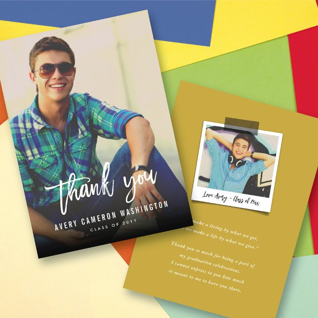 White Brush Script Calligraphy Photo Graduation Thank You Card (White Brush Script Calligraphy Photo Modern Graduation Thank You Card @ zazzle.com/color_therapy)