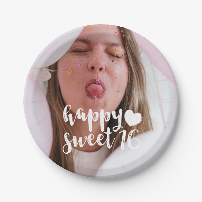 White Brush Script Happy Sweet 16 Photo Paper Plate (Front)