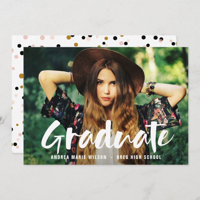 White Brush Script Photo Graduation Announcement (Front/Back)