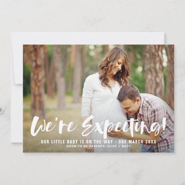 White Brush Script Photo Pregnancy Announcement (Front)