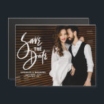 White Brush Script Typography Save the Date Photo Magnetic Invitation<br><div class="desc">Announce your wedding date with this rustic photo save the date magnet. It featuring white rustic script with simple typography. Personalise by adding names, wedding, date, wedding venue, and so much. Add your favourite engagement photo or your favourite photo of each other. The style will be perfect for fall and...</div>