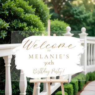 White Brush Stroke Modern Script Birthday Welcome Acrylic Sign