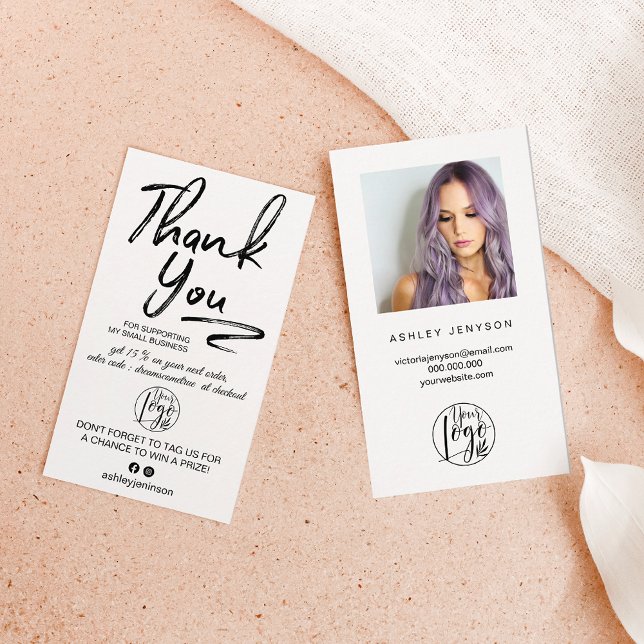 White brushed script photo logo order thank you business card (Creator Uploaded)