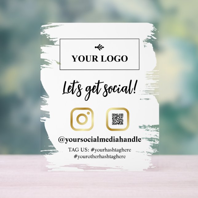 White Brushstrokes Gold Logo Let's Get Social Acrylic Sign (Neutral)