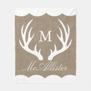 White Buck Antlers Burlap White Border Family Name Fleece Blanket