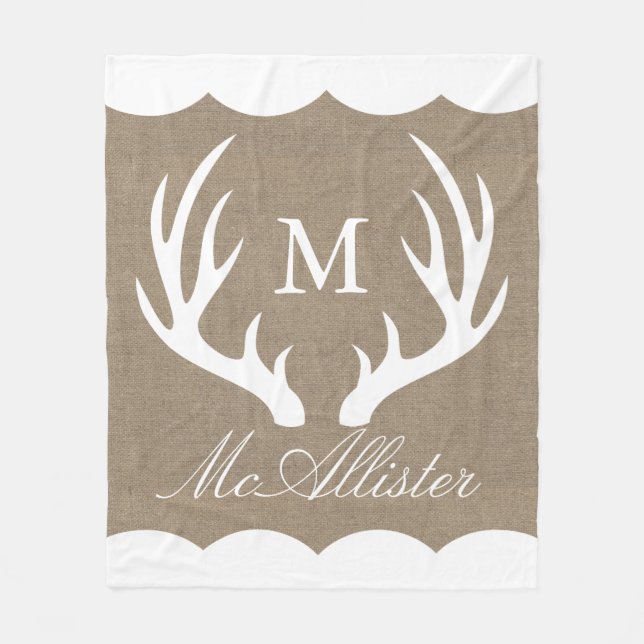 White Buck Antlers Burlap White Border Family Name Fleece Blanket (Front)
