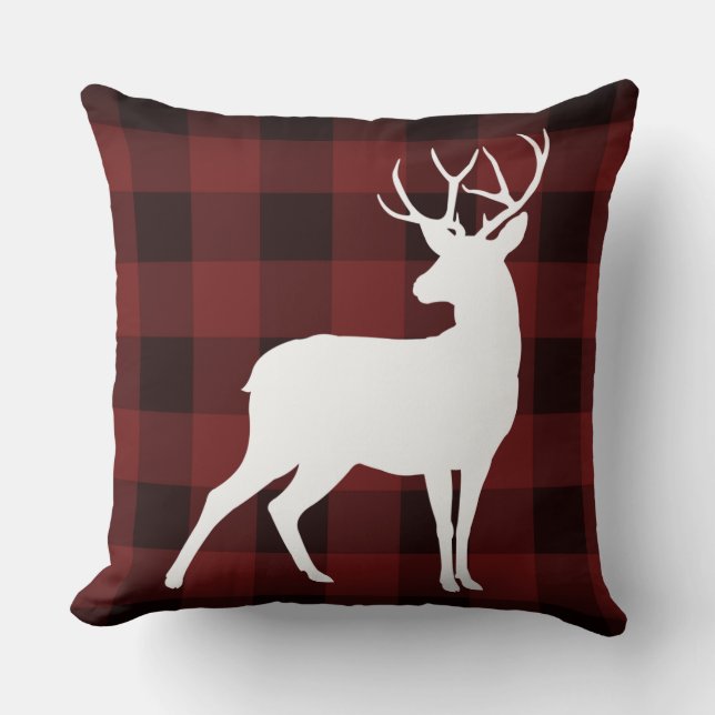 White Buck Buffalo Plaid Pattern Rustic Christmas Cushion (Front)