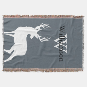White Buck Silhouette Family Name & Monogram Throw Blanket