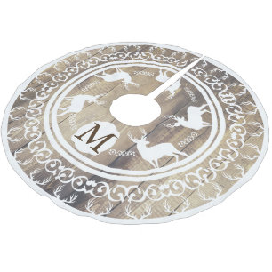 White Bucks Antlers Light Wood Planks Monogrammed Brushed Polyester Tree Skirt