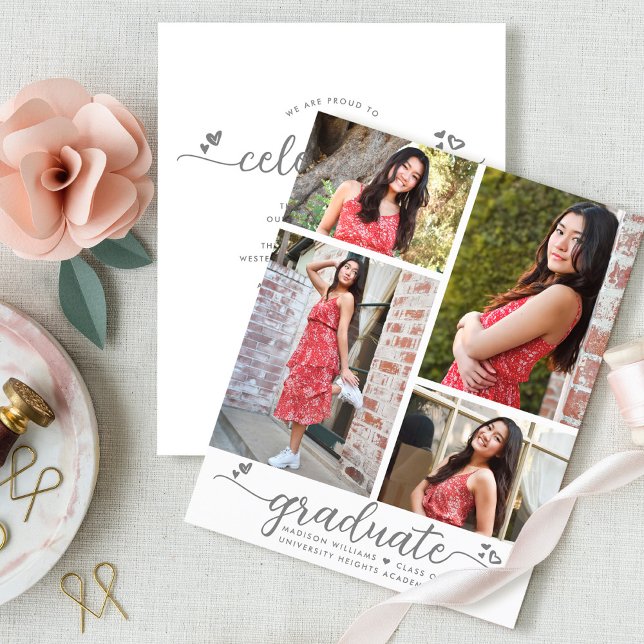 White Budget Graduation 4 Photo Grey Script Invite (Creator Uploaded)