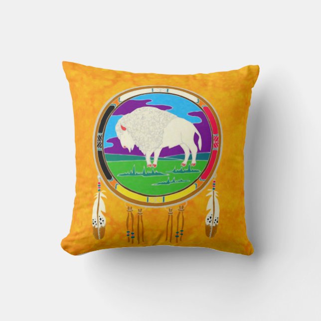 White Buffalo Native American Square Pillow (Front)
