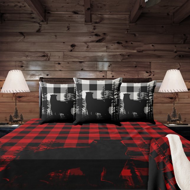 White Buffalo Plaid Woodland Pine Forest Bear Cushion (Buffalo Plaid Woodland Pine Forest Bear Throw Pillow)