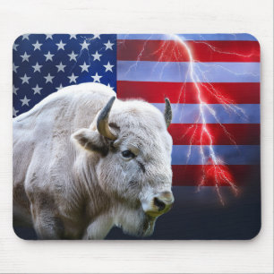 White Buffalo With An American Flag And Lightning  Mouse Pad