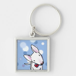 White Bull Terrier on Blue Dots Keychain