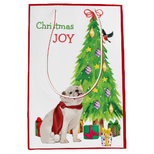 White Bulldog, Bird, and Christmas Tree Medium Gift Bag