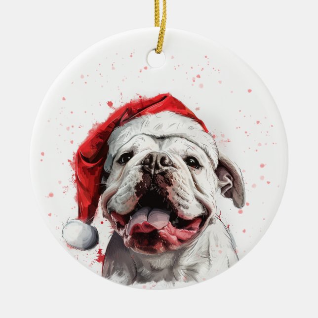 White Bulldog Dog Christmas Personalized Ceramic Tree Decoration (Front)