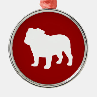 White Bulldog Silhouette on Red Christmas Holiday Metal Tree Decoration