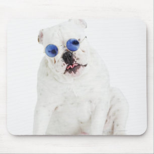 White bulldog with blue tinted shades mouse pad
