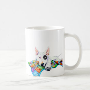 White Bullterrier on Patchwork Blanket - Art Coffee Mug