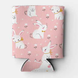 White Bunnies: Cute Floral Seamless Can Cooler