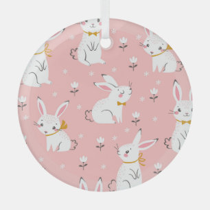 White Bunnies: Cute Floral Seamless Glass Tree Decoration