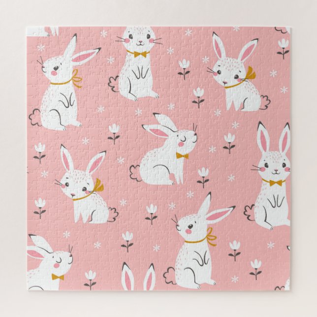 White Bunnies: Cute Floral Seamless Jigsaw Puzzle (Vertical)