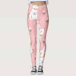 White Bunnies: Cute Floral Seamless Leggings