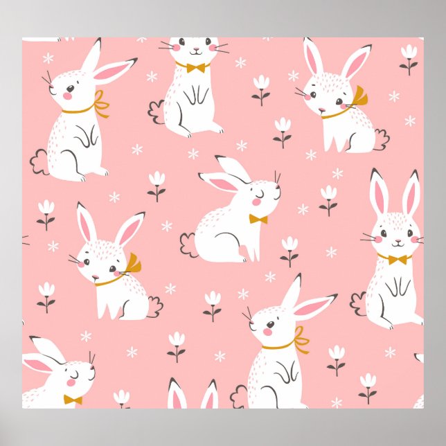 White Bunnies: Cute Floral Seamless Poster (Front)