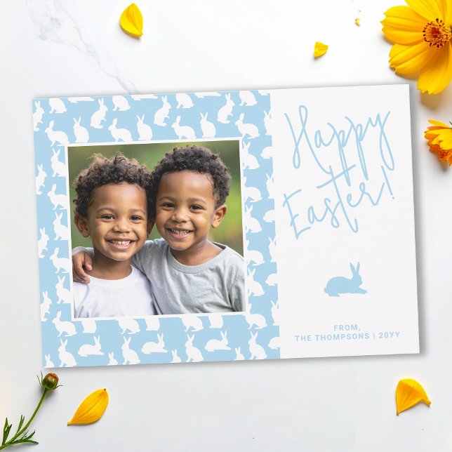 White Bunnies On Blue With Custom Photo Easter Card (Creator Uploaded)