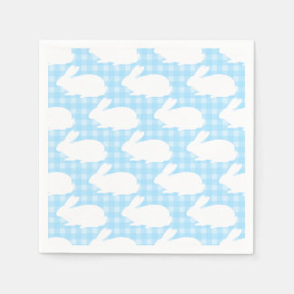 White Bunnies on Pastel Blue Gingham Pattern Napkin