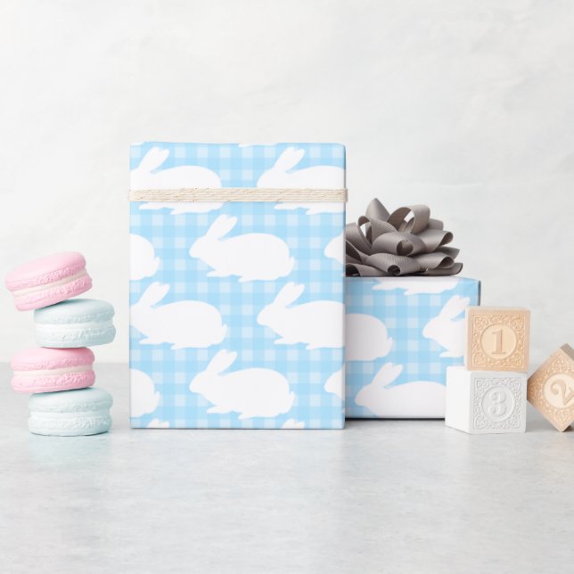 White Bunnies on Pastel Blue Gingham Pattern Wrapping Paper (Baby Shower)