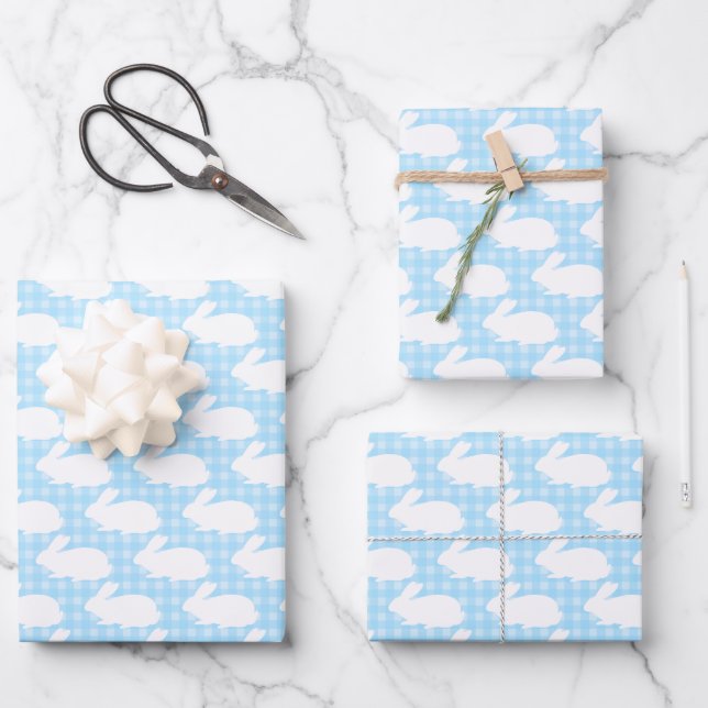 White Bunnies on Pastel Blue Gingham Pattern Wrapping Paper Sheet (Front)