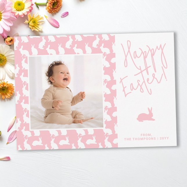 White Bunnies On Pink With Custom Photo Easter Card (Creator Uploaded)