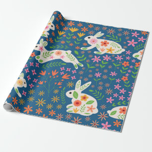 White Bunnies with Whimsical Colourful flowers Wrapping Paper