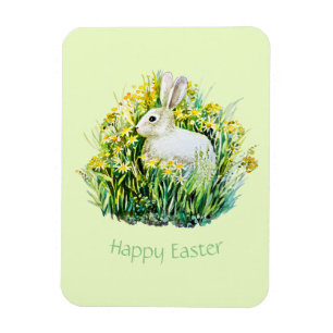 White bunny and flowers, happy easter magnet
