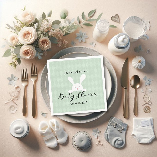 White Bunny Baby Shower Modern | Green Argyle Napkin (Creator Uploaded)