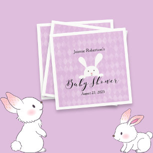 White Bunny Baby Shower Modern   Purple Argyle Napkin