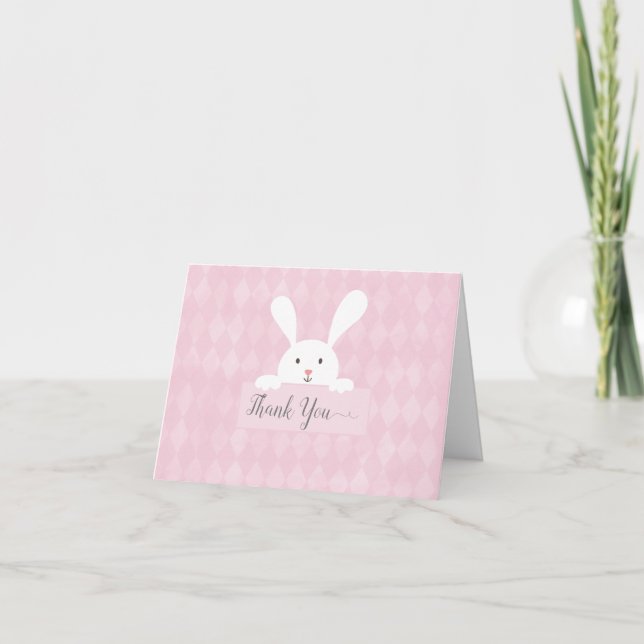 White Bunny Baby Shower Pink Argyle Thank You Card (Front)