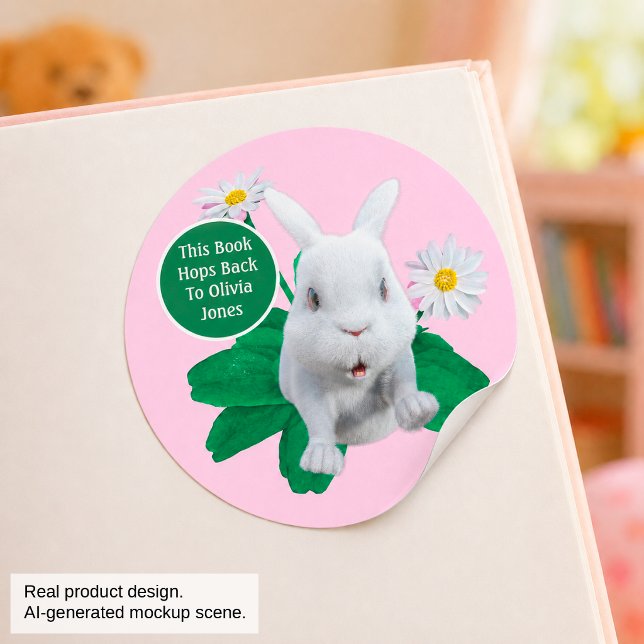 White Bunny Daisy Custom Bookplate Classic Round Sticker (Creator Uploaded)