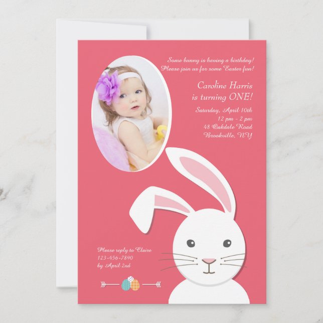 White Bunny Easter Birthday Photo Invitation (Front)
