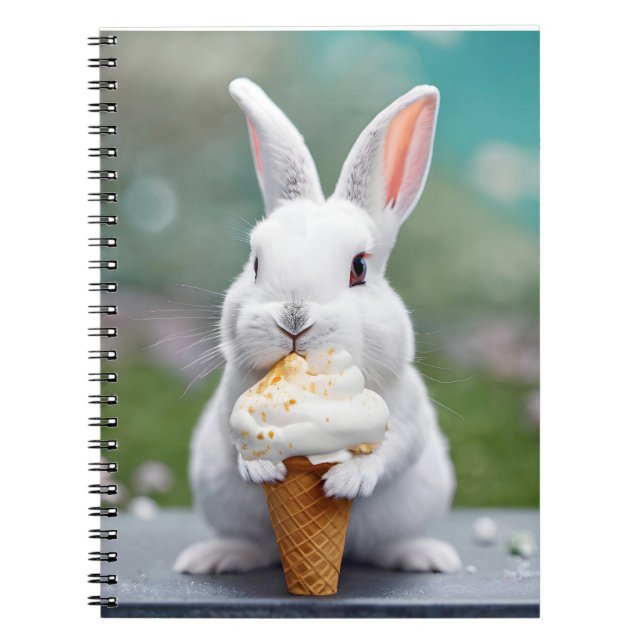 White Bunny Eating An Ice Cream Cone Notebook (Front)