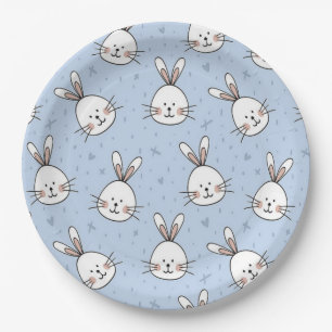 White bunny heads on blue paper plate